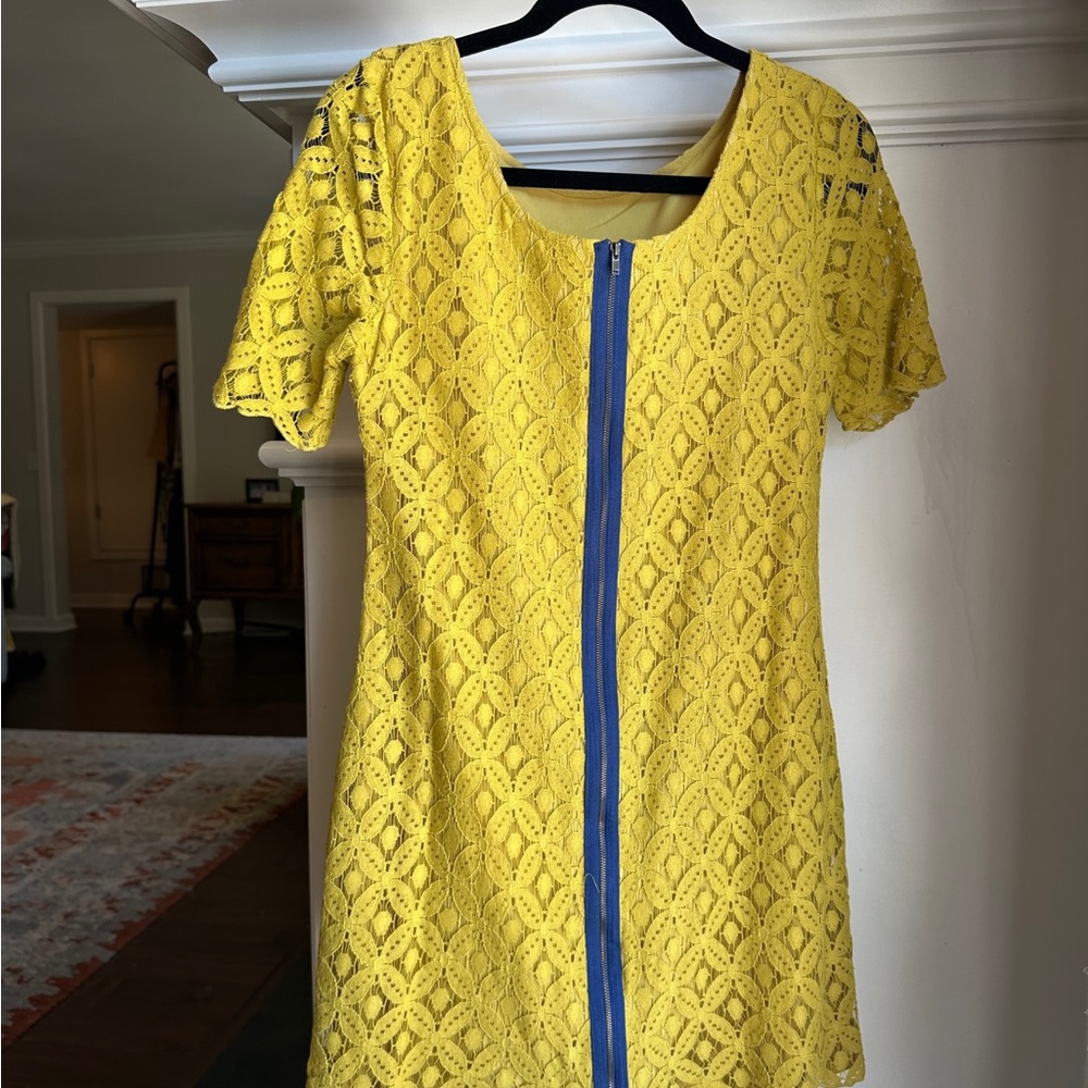 Yellow Lace Dress with Blue Zipper Accent